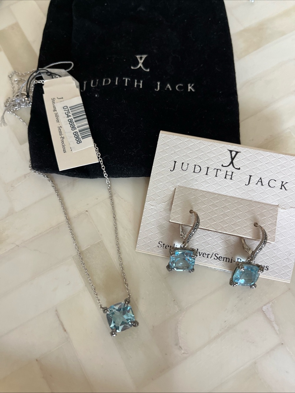 NWT Judith Jack Silver Blue Topaz Square Pendant Necklace and Earrings Set